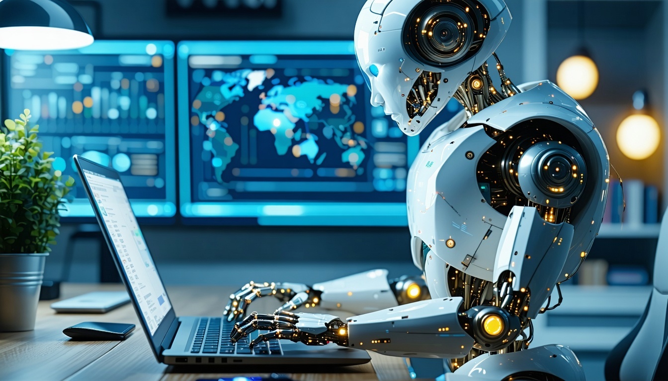 create an image of a robot doing work on laptop in
